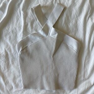 Babaton Cream Ribbed Cross-Strap Crop Top